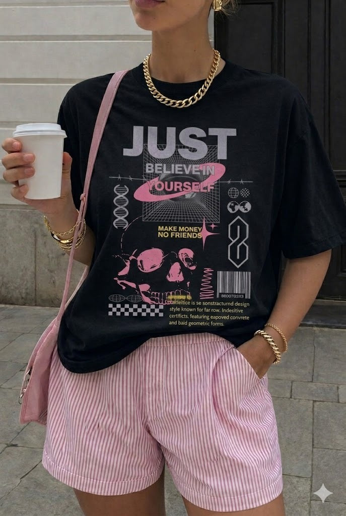 Just Believe in Yourself Oversized Terry Cotton Graphic T-Shirt